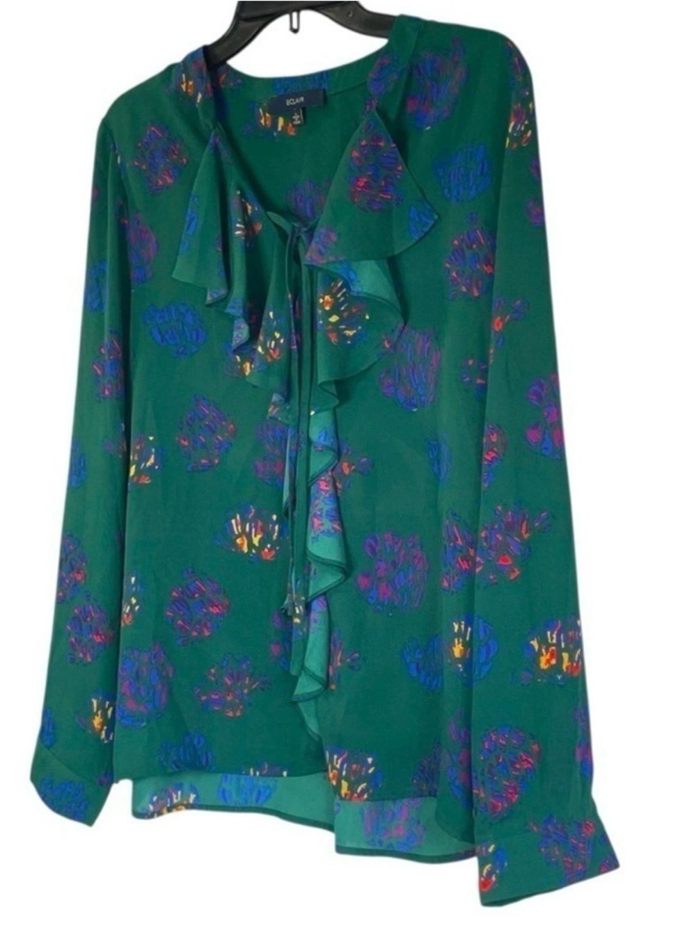 Eclair Green Abstract Print Ruffle Front Blouse | Size L - Picture 4 of 10